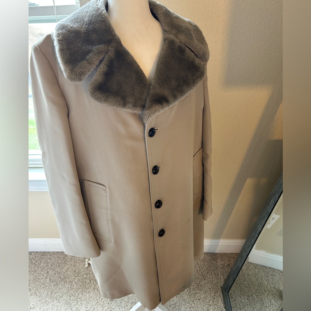Vintage London Fog Coat Men 40 Reg Plush Fur Lined Collar Tan Single Trench Coat